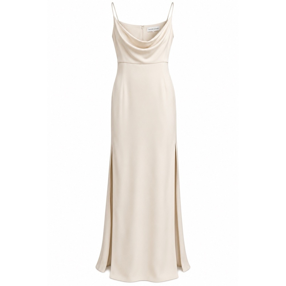 Sachin & Babi Size 16 Ivory Cowl Neck Maxi Dress Double Slit Formal Gown